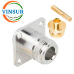 1112143D -- RF CONNECTOR - 50OHMS , N FEMALE , STRAIGHT ,4-HOLE FLANGE MOUNT , SOLDER TYPE , RG402 CABLE